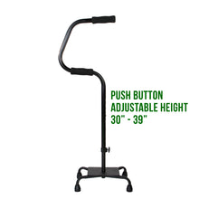 Load image into Gallery viewer, Easy Riser Quad Cane with Text Beside it Reading 'Push Button Height 30"-39"'