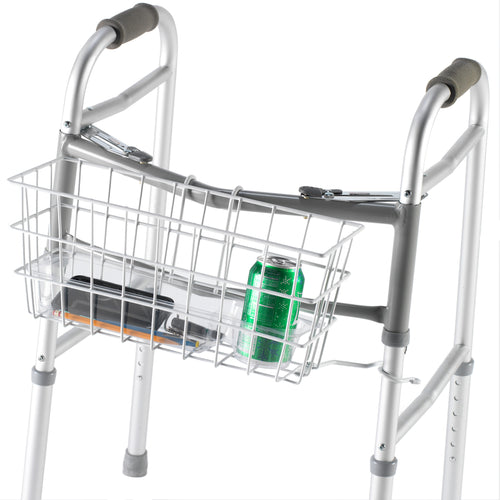 Wire Basket for Dual Release Walker Attached to a Walker Holding Various Items