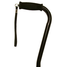 Load image into Gallery viewer, Close Up On Black Satin Adjustable Offset Handle Cane with Soft Grip and Wrist Strap