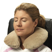 Load image into Gallery viewer, Tan Memory Foam Neck Cushion on Woman&#39;s Neck
