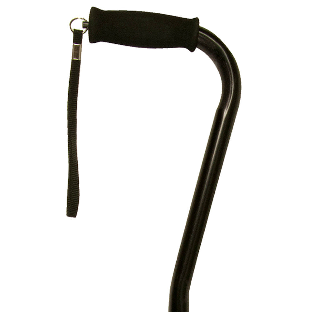 Close Up On Black Satin Adjustable Offset Handle Cane with Soft Grip and Wrist Strap